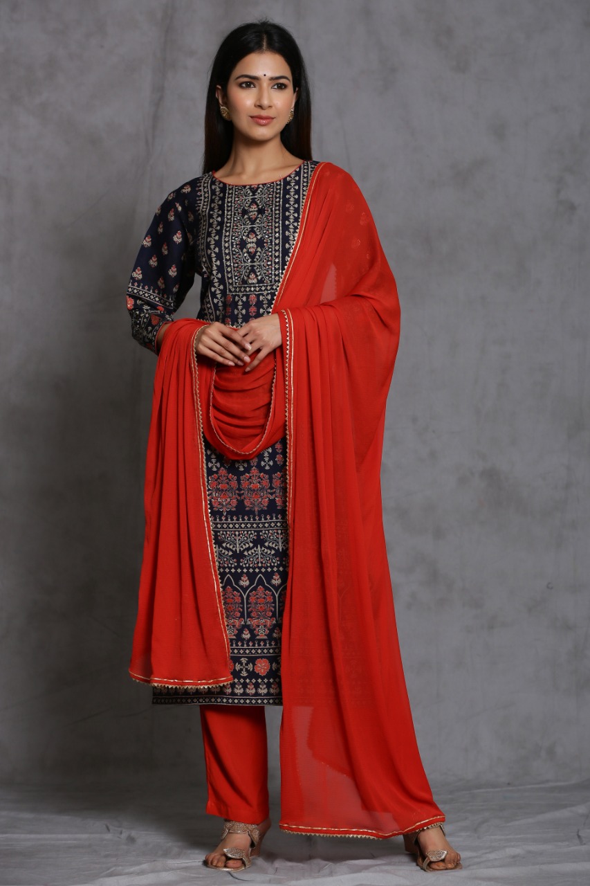 blue red combination kurti