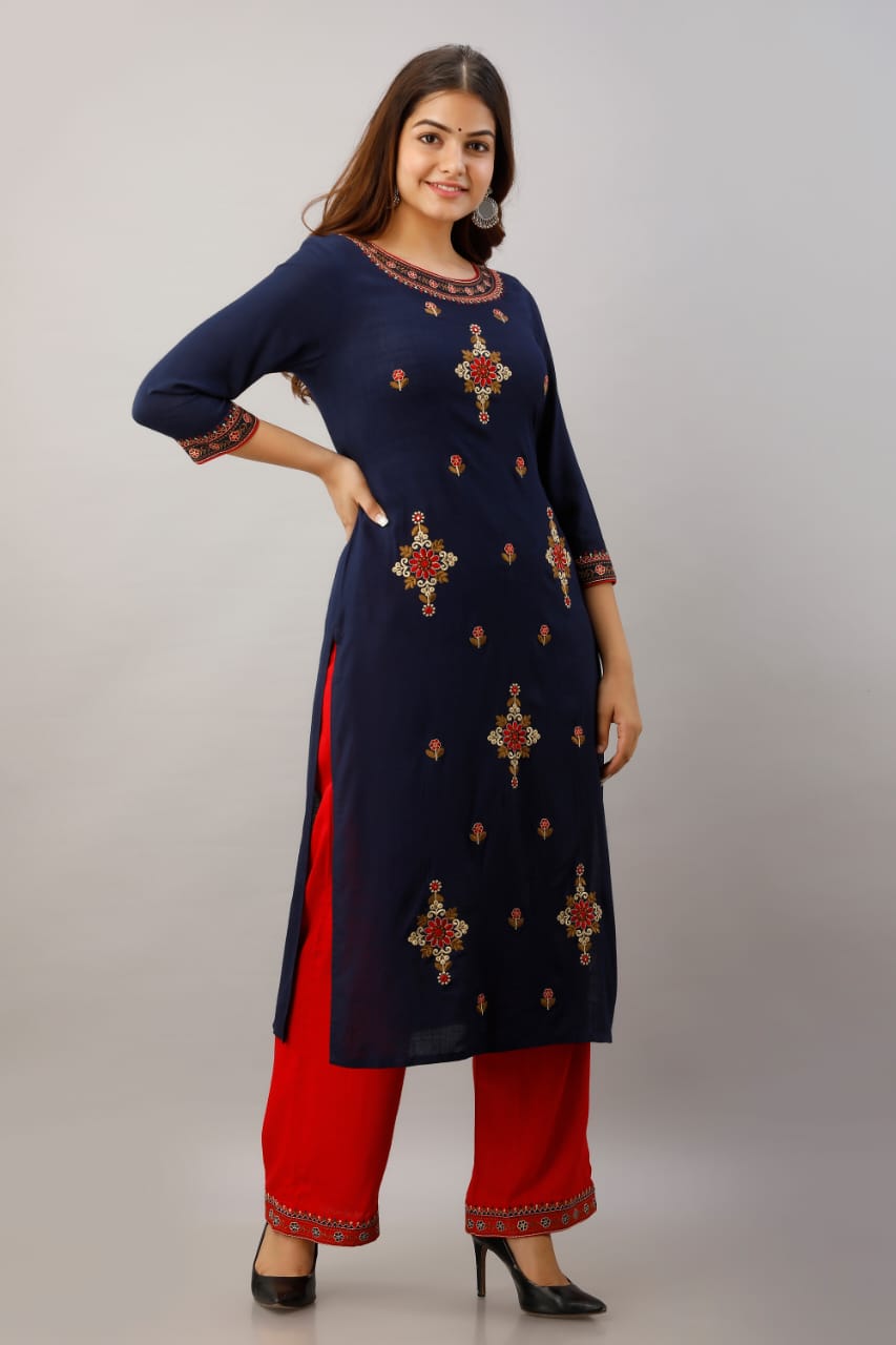 Blue Printed Straight Women Embroidery Work Rayon Kurti, Pant With Dupatta  Dress | eBay