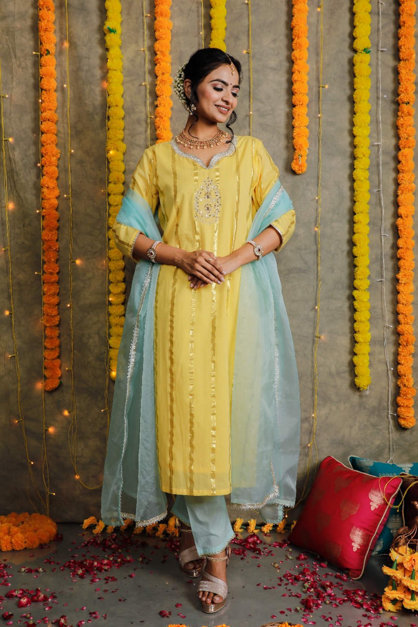 Sea blue kurti yellow skirt and dupatta set with gota patti detailing   Kurti Fashion