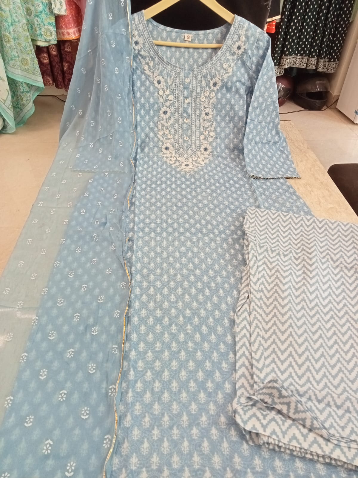White Thread Work Kurti With Plain Sharara